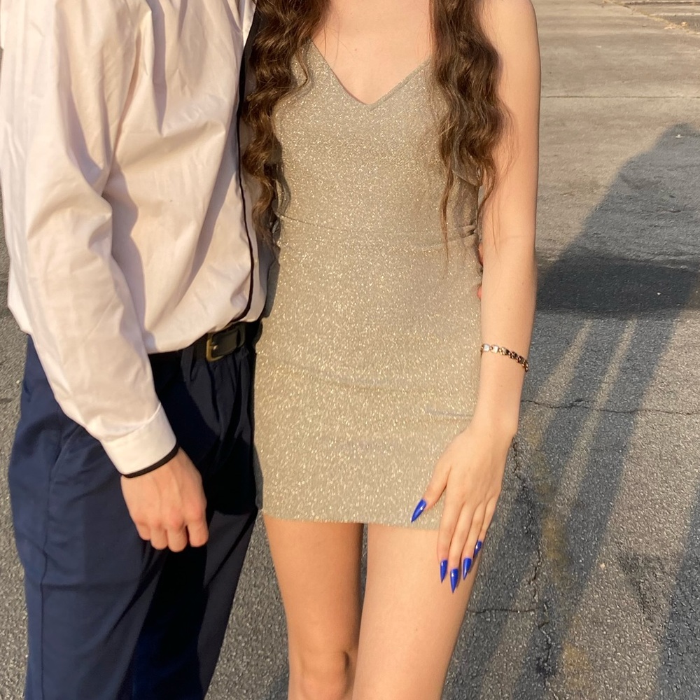 silver v neck mini dress